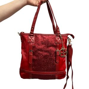 IMAN Red Sequence & Faux Fur Shoulder Bag